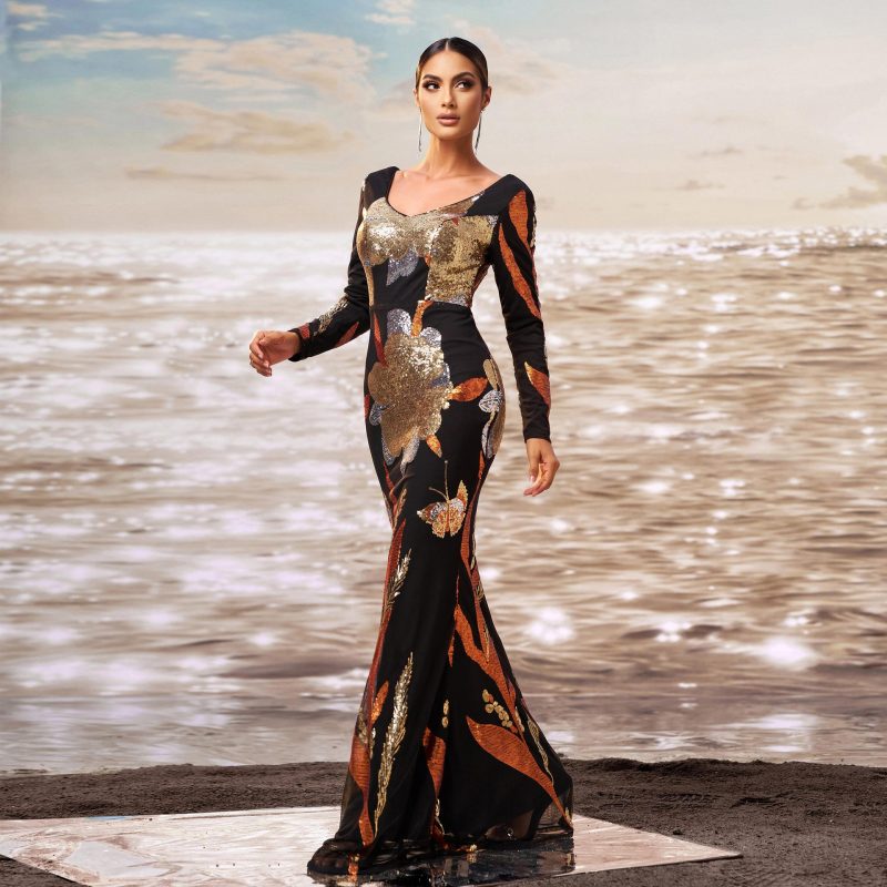 Women’s Sequin V-Neck Long Sleeve Fishtail Dress - Image 3