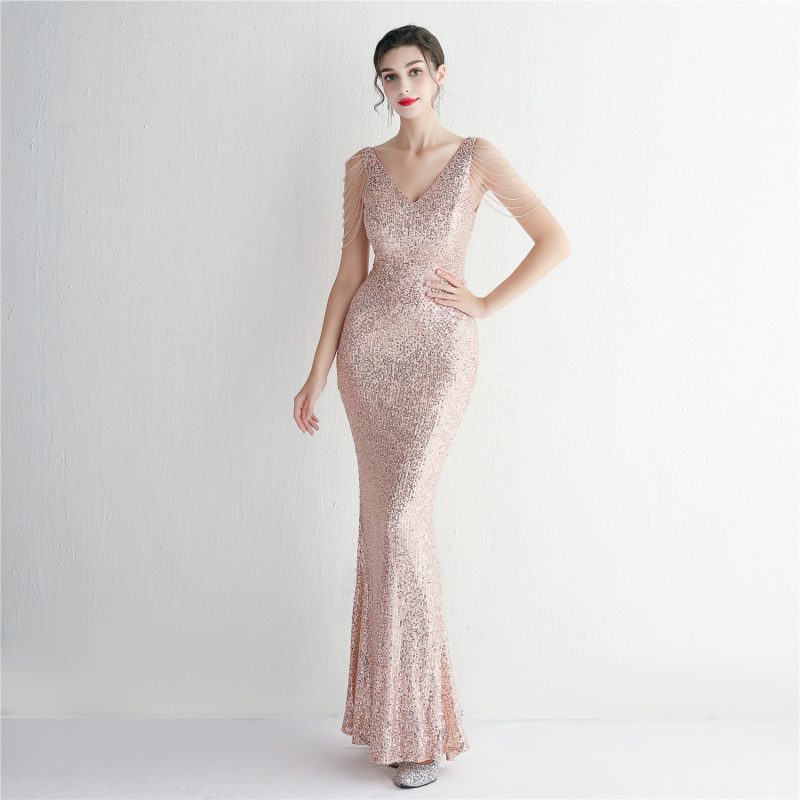 Sequin Beaded Long Cocktail Slim-Fit Evening Dress - Image 3