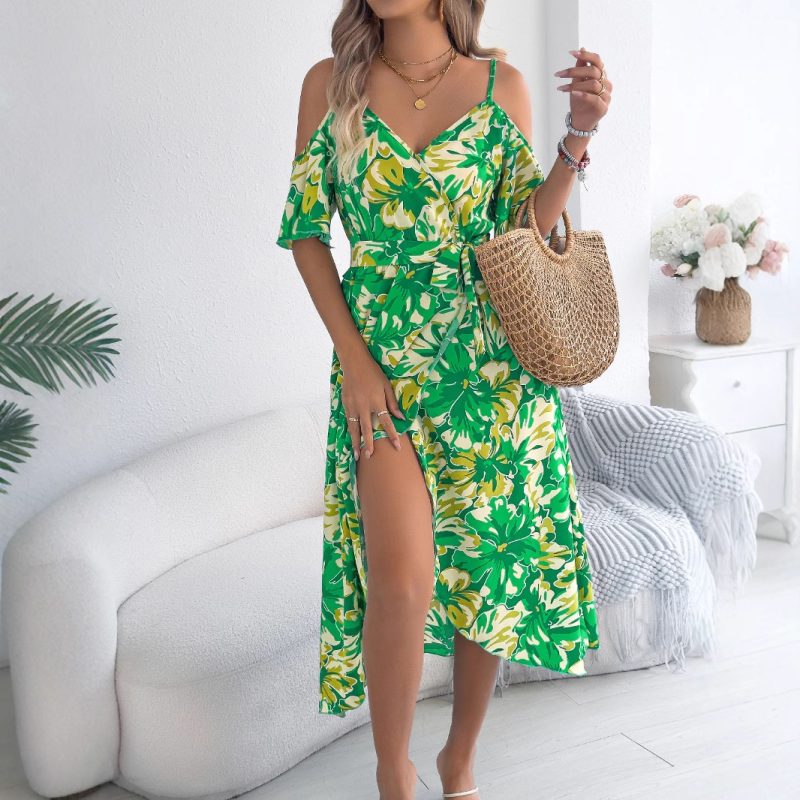 Spring Summer Strapless Cross V-Neck Floral Dress - Image 3