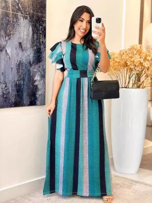 Striped Print Lace Up Ruffle Sleeve Dress