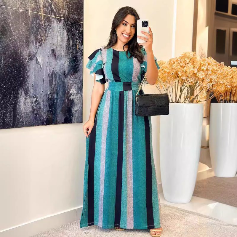 Striped Print Lace Up Ruffle Sleeve Dress