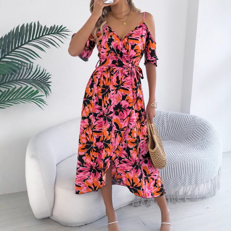 Spring Summer Strapless Cross V-Neck Floral Dress - Image 2