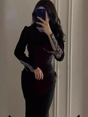 Black Rhinestone Split Long Sleeve Bandage Dress