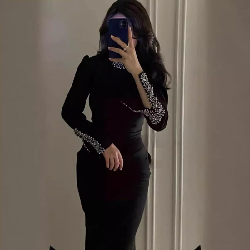 Black Rhinestone Split Long Sleeve Bandage Dress