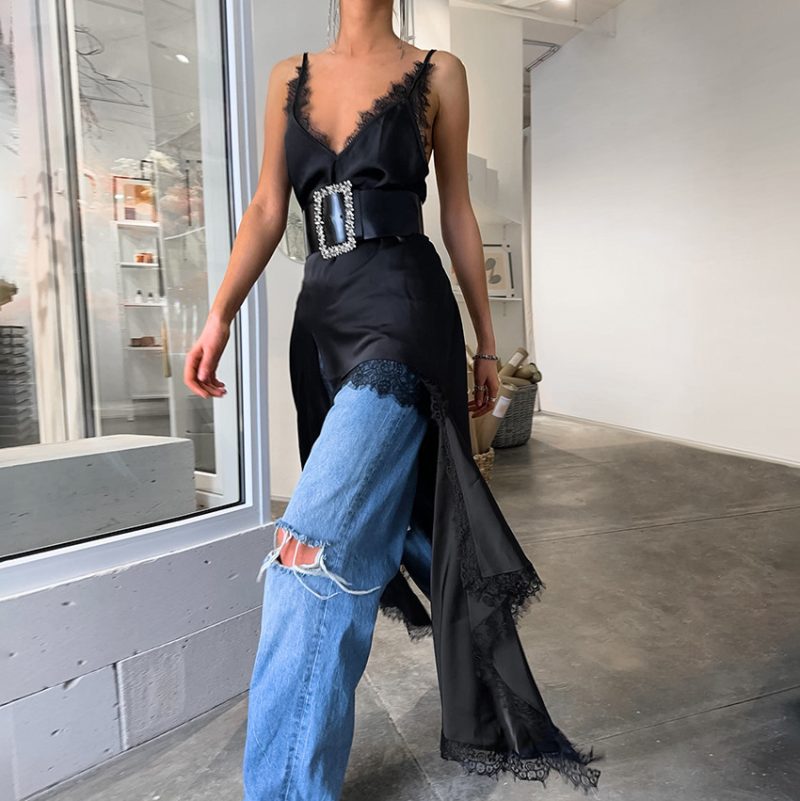 Women’s Summer Lace V-Neck Black Slit Dress - Image 3