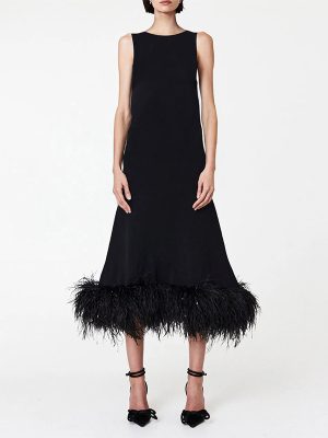 Autumn Solid Color Sleeveless Feather Hem Casual Dress