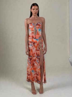 Women’s Slim Fit Backless Hollow Out Print Dress
