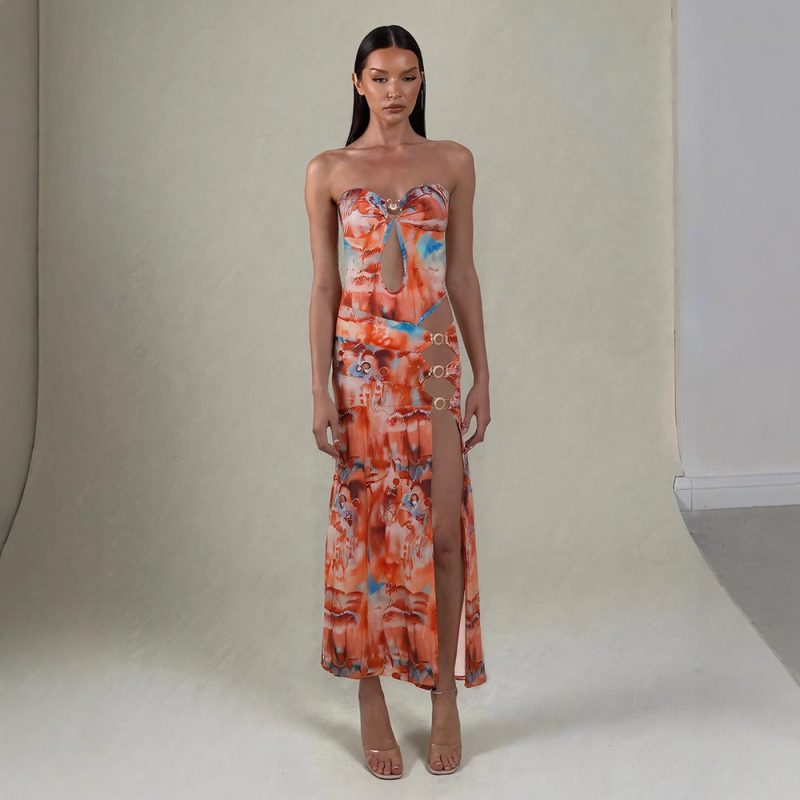 Women’s Slim Fit Backless Hollow Out Print Dress