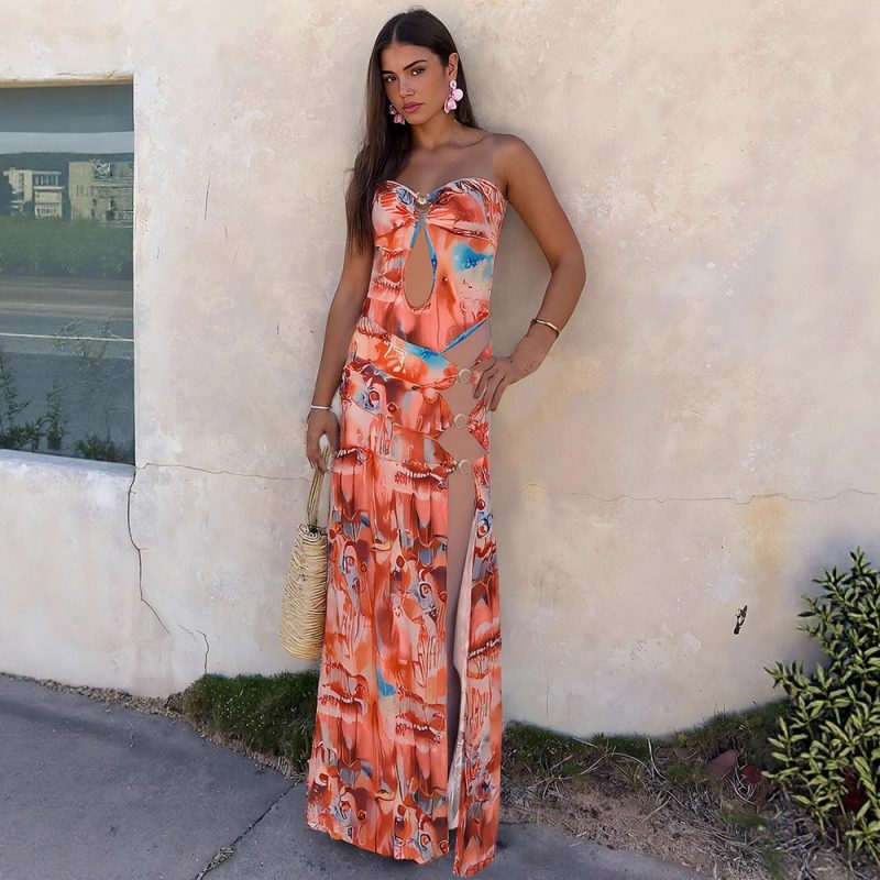 Women’s Slim Fit Backless Hollow Out Print Dress - Image 2
