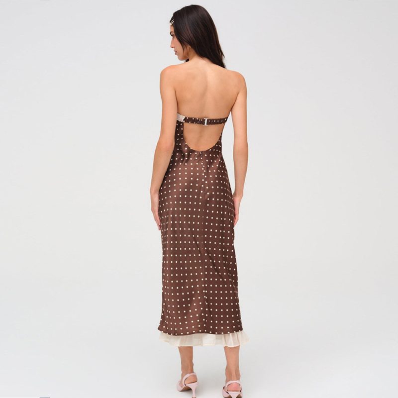 Summer French Polka Dot Backless Satin Dress - Image 2