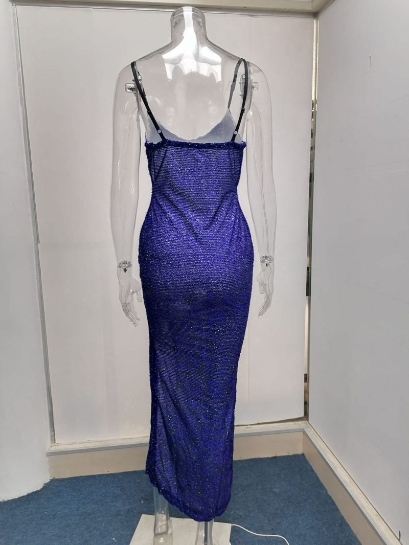 Ladies Bronzing V-Neck High Waist Slit Dress - Image 3