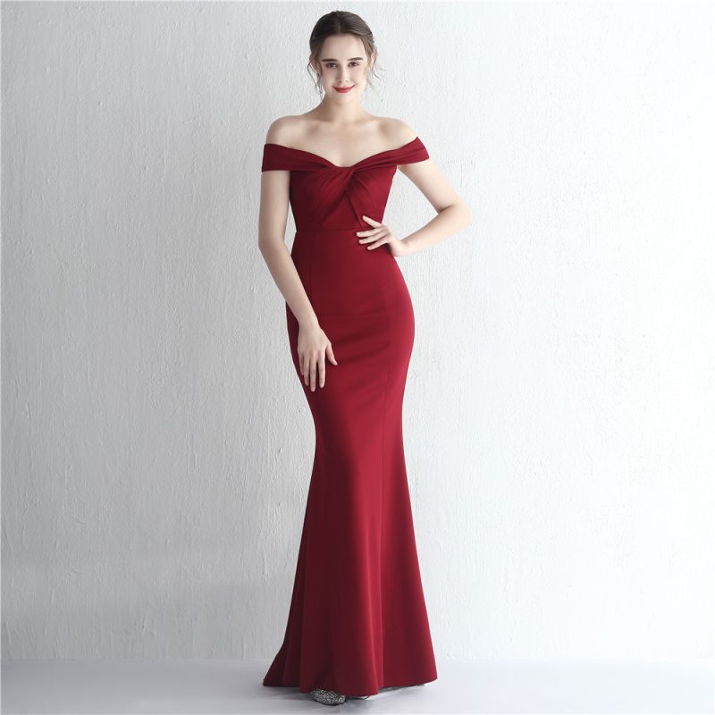 Satin Off-Shoulder Fishtail Evening Gala Wedding Dress
