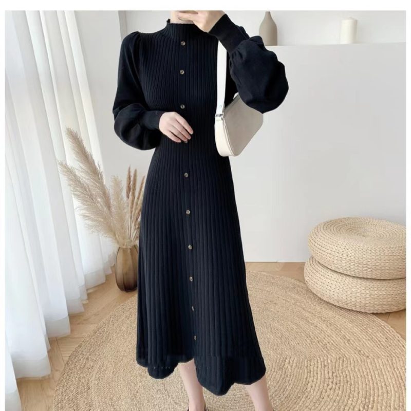 French Woolen Knit Slim Mid Length Winter Dress - Image 2