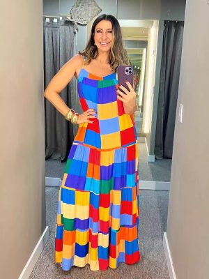 Summer Plaid Mosaic Suspender Maxi Dress for Women