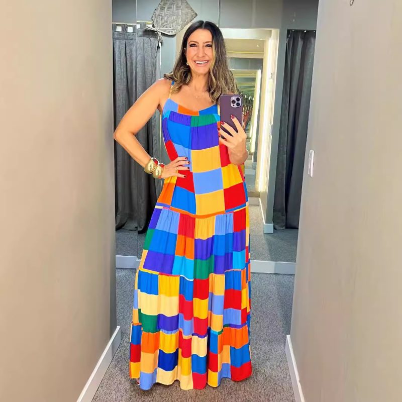 Summer Plaid Mosaic Suspender Maxi Dress for Women