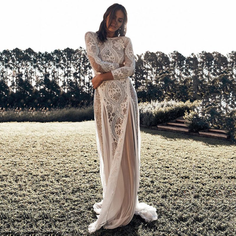 Spring Lace Hollow Out Backless Long Sleeve Dress - Image 3