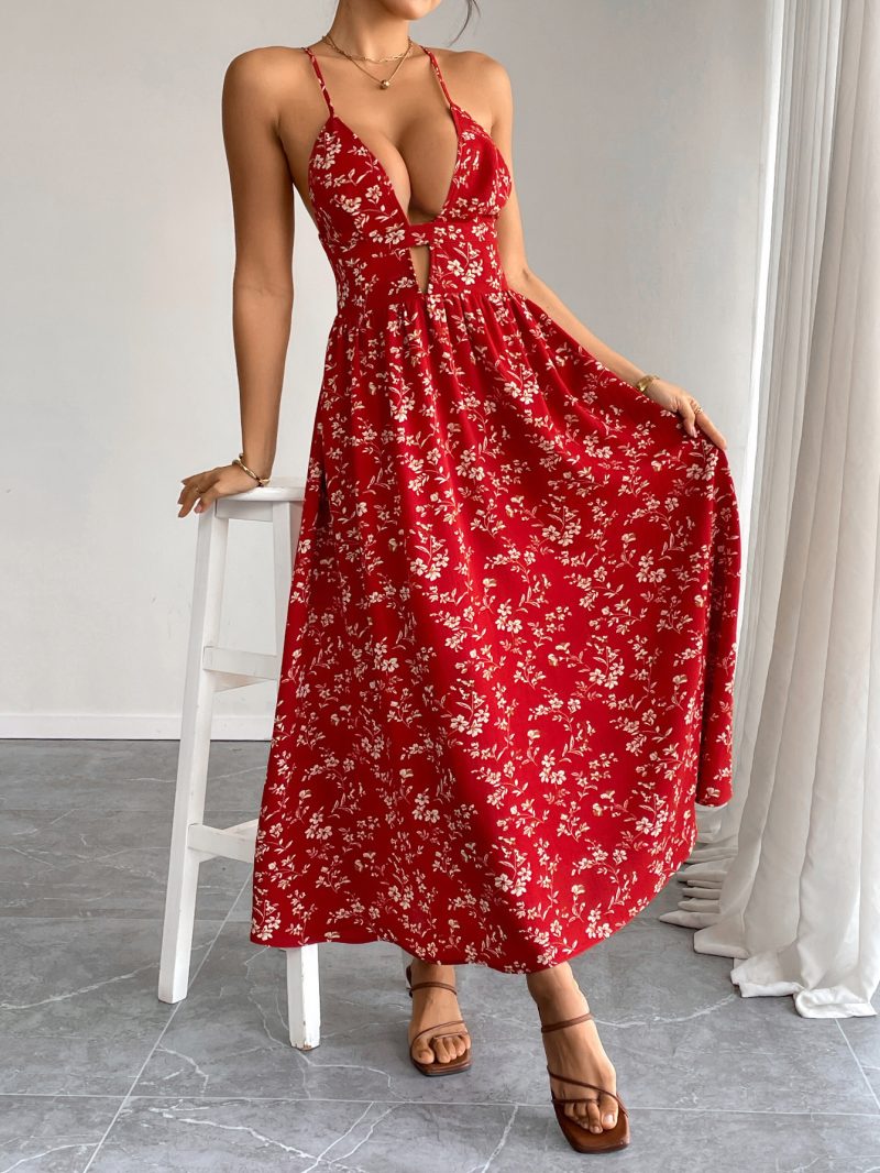 Retro V-Neck Sweet Floral Slim Maxi Dress - Image 4