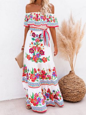 Women’s Large Hem Off-Shoulder Red Floral Dress