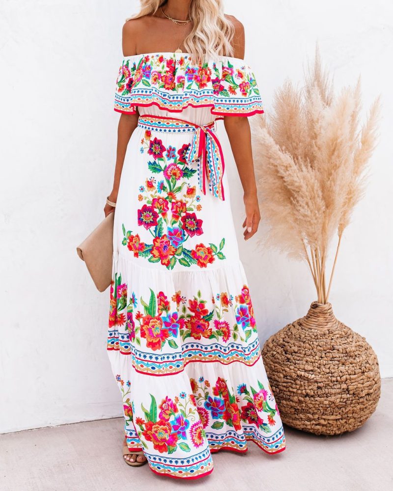 Women’s Large Hem Off-Shoulder Red Floral Dress