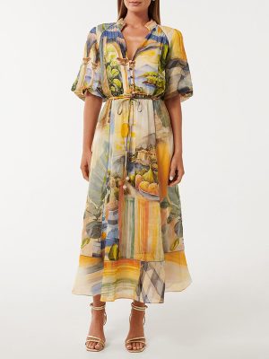 Elegant Retro V Neck Printed Waist Dress