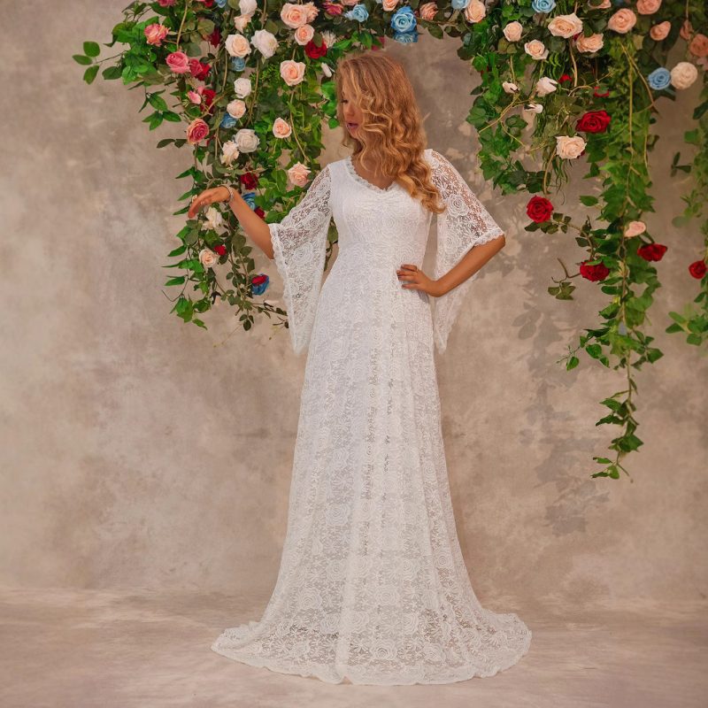 Women’s Deep V-Neck Long Sleeve Lace Dress - Image 4