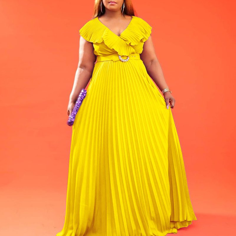 Summer Ruffled Pleated Maxi Dress with Belt - Image 2
