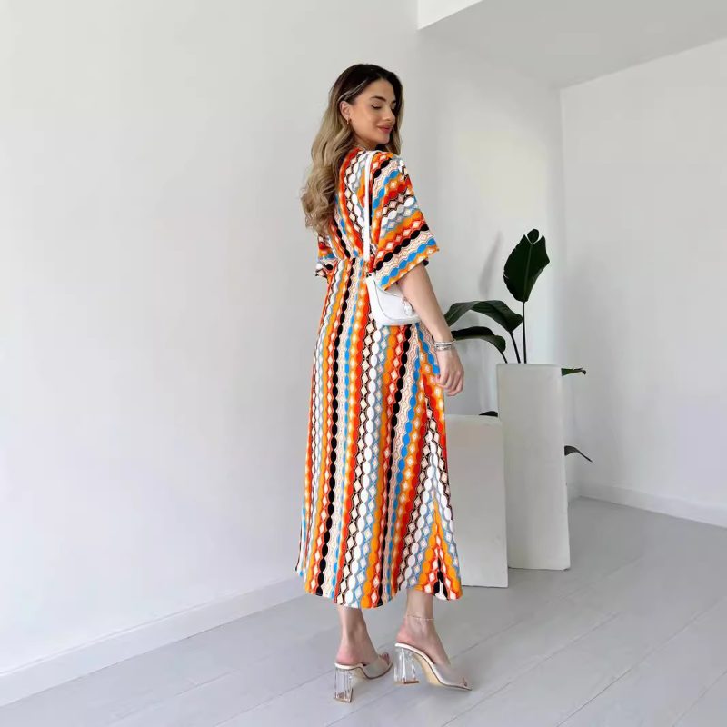 Women’s V-Neck Striped Print Vacation Dress - Image 3