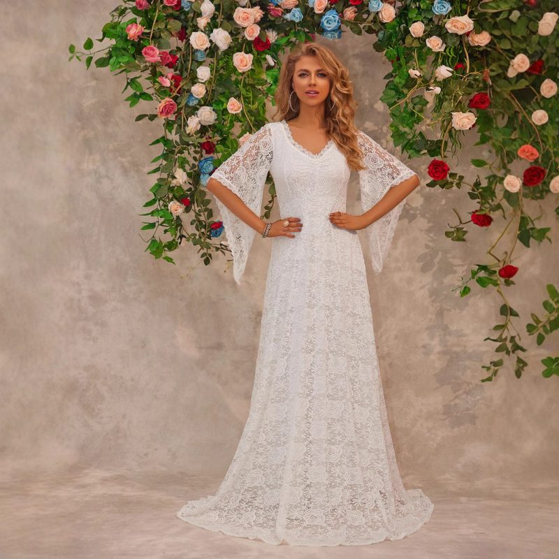 Women’s Deep V-Neck Long Sleeve Lace Dress