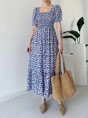 Floral Square Collar Puff Sleeve Maxi Dress