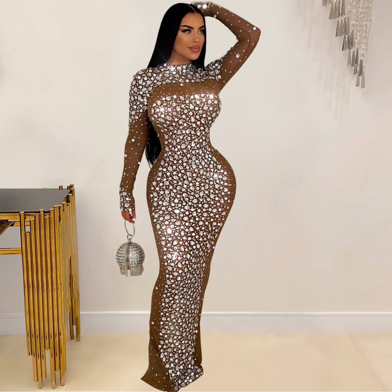 Women’s Solid Color Mesh Rhinestone Dress - Image 2