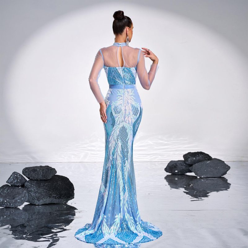 High-End Mesh Sequined Long Sleeve Evening Dress - Image 3