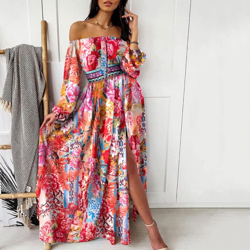 Retro V-Neck Long Sleeve Evening Printed Dress