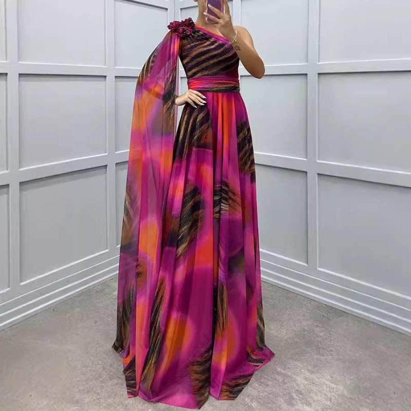 Women’s Autumn Winter Chiffon Printed Shoulder Dress - Image 2