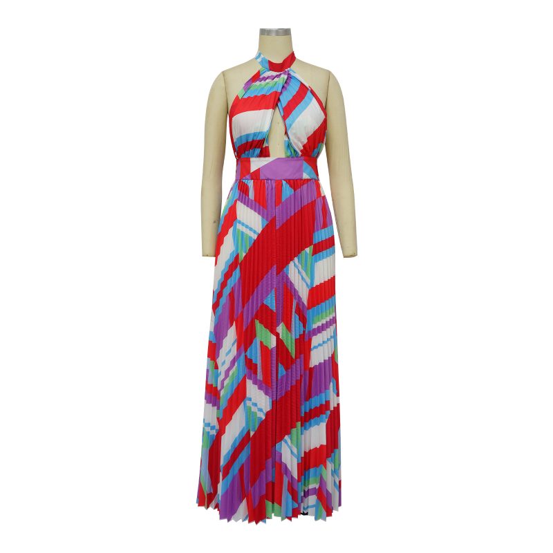 Halter Backless Pleated Printed Sleeveless Swing Dress - Image 3