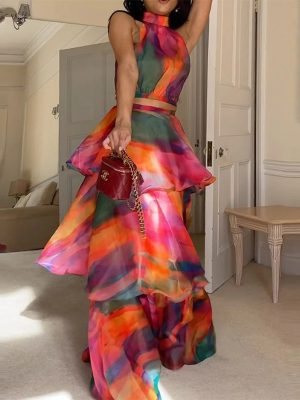 Fall Halter Tie Dye Tiered Maxi Dress