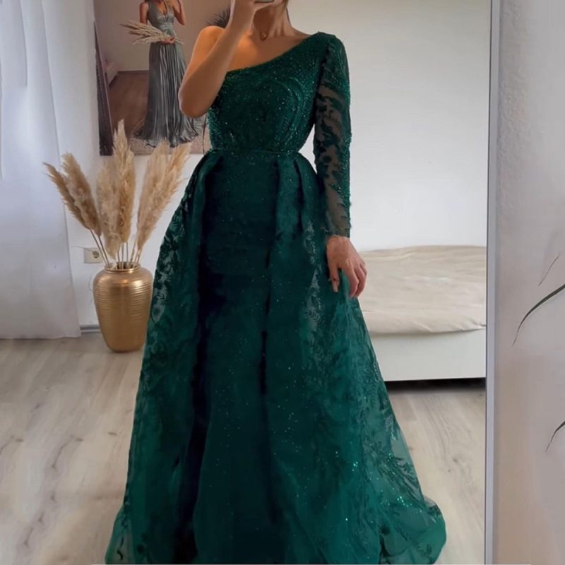 Women’s Light Luxury Beaded One Shoulder Dress - Image 2