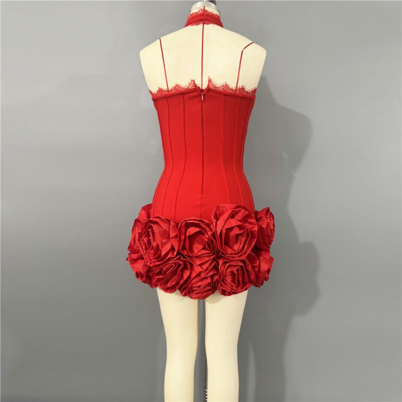 Halter Backless Red Floral Lace Mini Dress - Image 3
