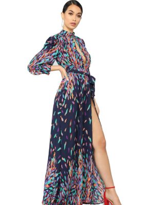 Fall Printed Split Loose Fit Chest Cutout Dress