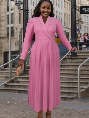 Elegant Tailored Collar Pleated Office Midi Dress