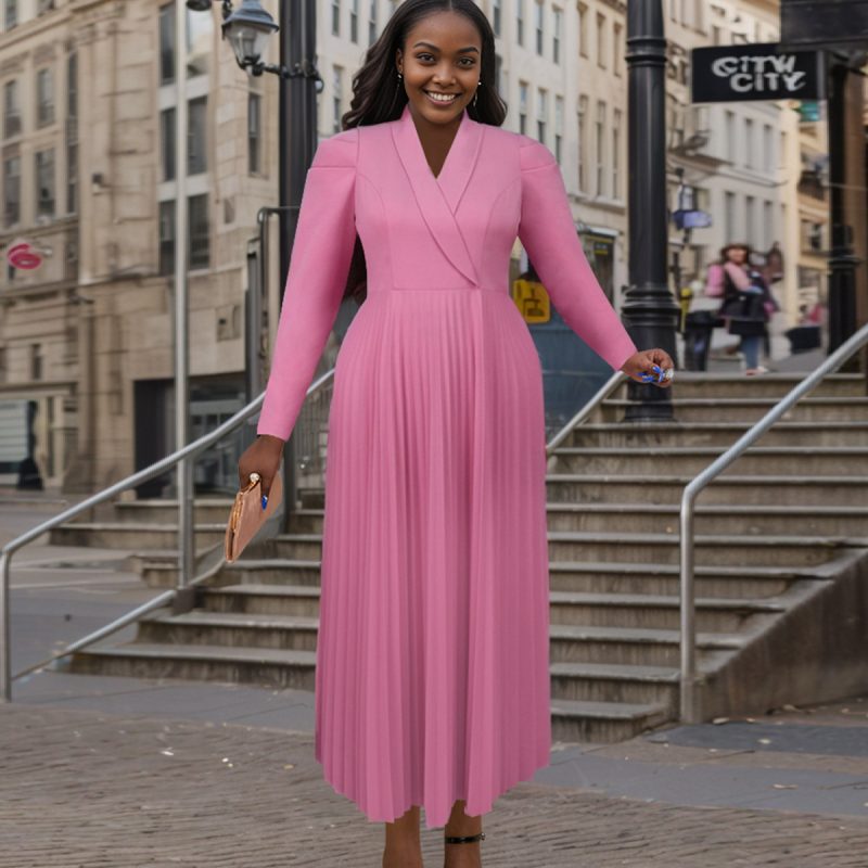 Elegant Tailored Collar Pleated Office Midi Dress