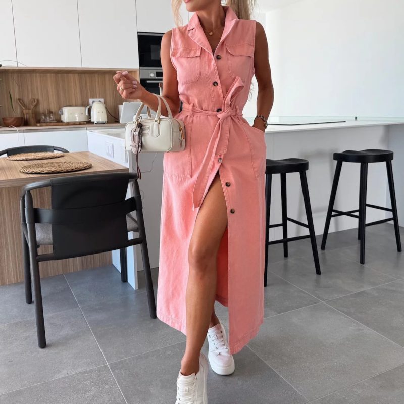 Women’s Sleeveless Tie Waist Single-Breasted Denim Dress - Image 3