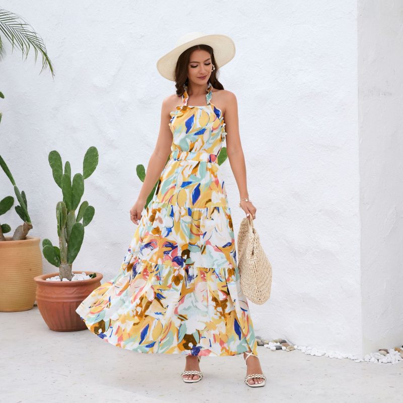 Elegant Ruffled Halter Sleeveless Backless Printed Dress