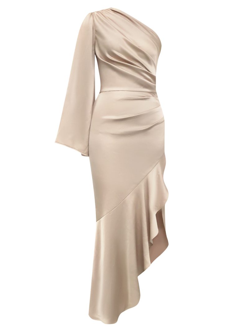 One Shoulder Ruffled Asymmetric Solid Color Dress - Image 3