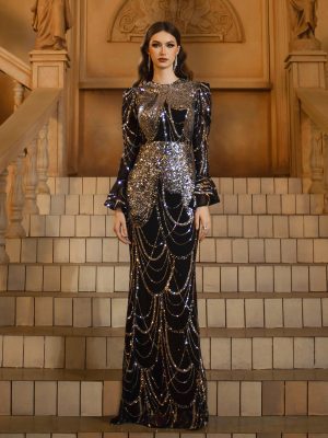 Women’s Sequin Round Neck Long Sleeve Fishtail Dress