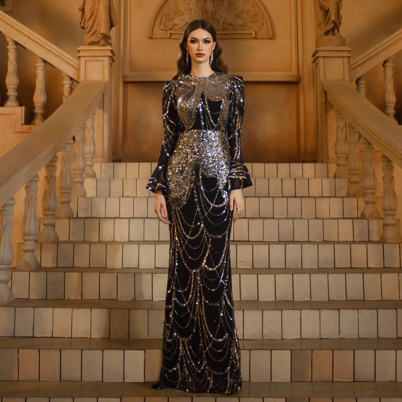 Women’s Sequin Round Neck Long Sleeve Fishtail Dress