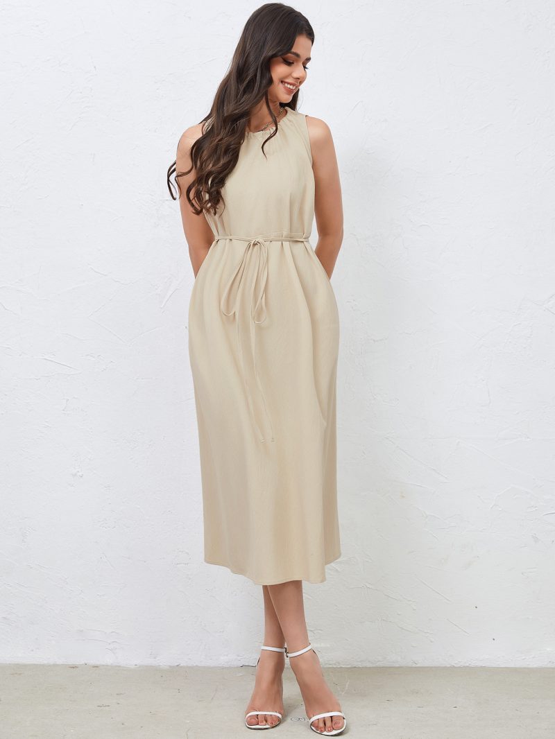 Popular Casual Pleated Back Waist Belt Dress - Image 2