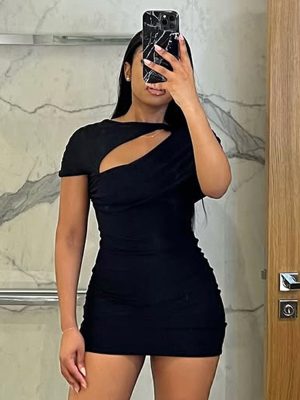 Spring Summer Off-Neck Asymmetric Hollow Out Dress
