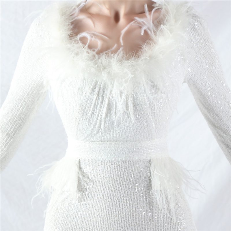 Ostrich Feather Long Sleeve Sequin Evening Dress - Image 3