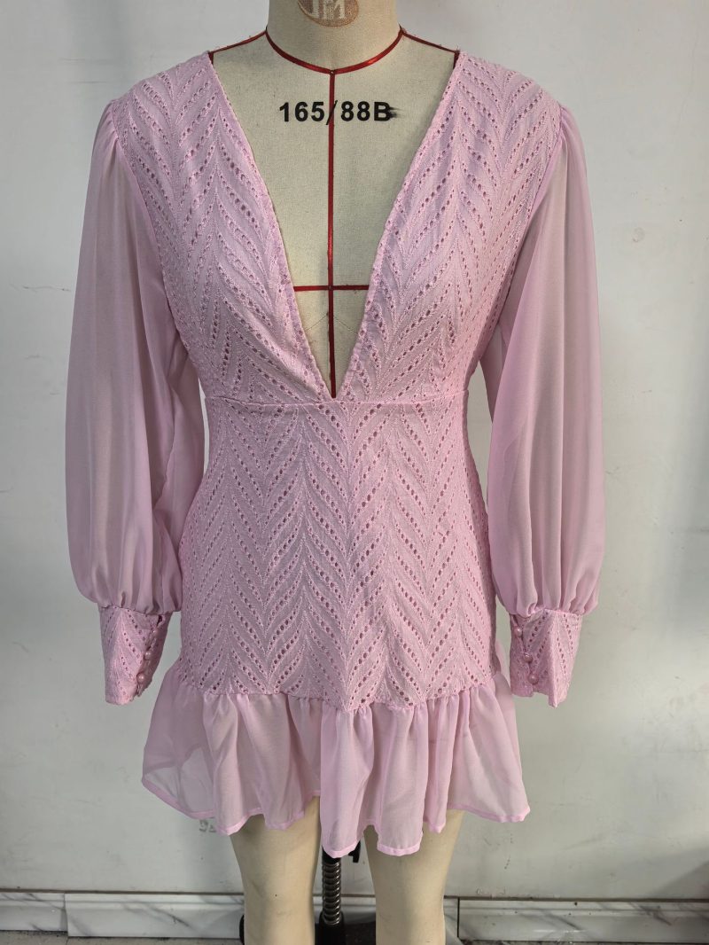 Spring Summer Elegant Lantern Sleeve V-Neck Short Dress - Image 4