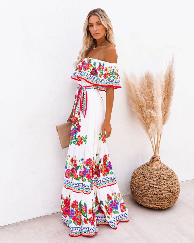 Women’s Large Hem Off-Shoulder Red Floral Dress - Image 4